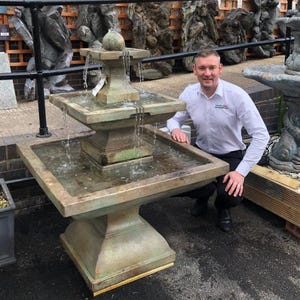 Large Two-Tier Square Garden Fountain – Classic European Courtyard Water Feature – Antique Stone Finish with Recirculating Pump