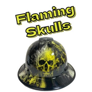 Custom Hydro Dipped Skull Hard Hat – Yellow/White Flaming Skull Design – Unique Safety Helmet – Cool PPE Gift for Construction Workers