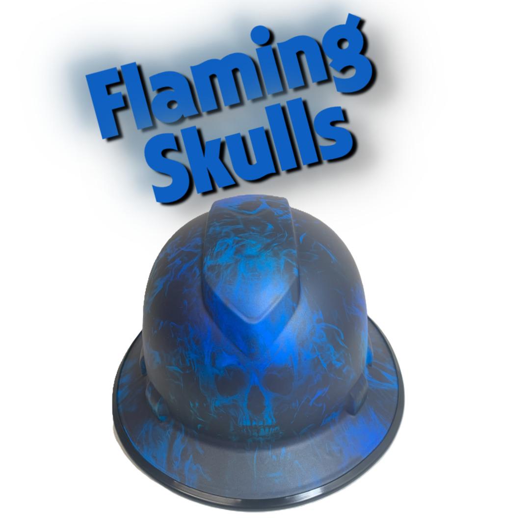Flaming Skulls Blue Hydro Dipped Hard Hat – Full Brim, Matte/Flat Finish, Custom Construction Helmet