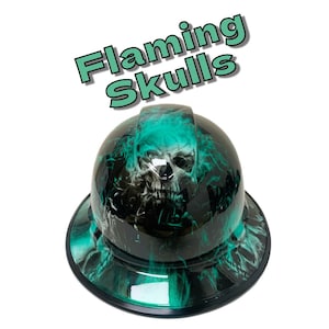 Individueller Hydro Dipped Skull Schutzhelm - Grün / Weißer flammender Schädel Design - Einzigartiger Schutzhelm - Cooles PSA Geschenk für Bauarbeiter