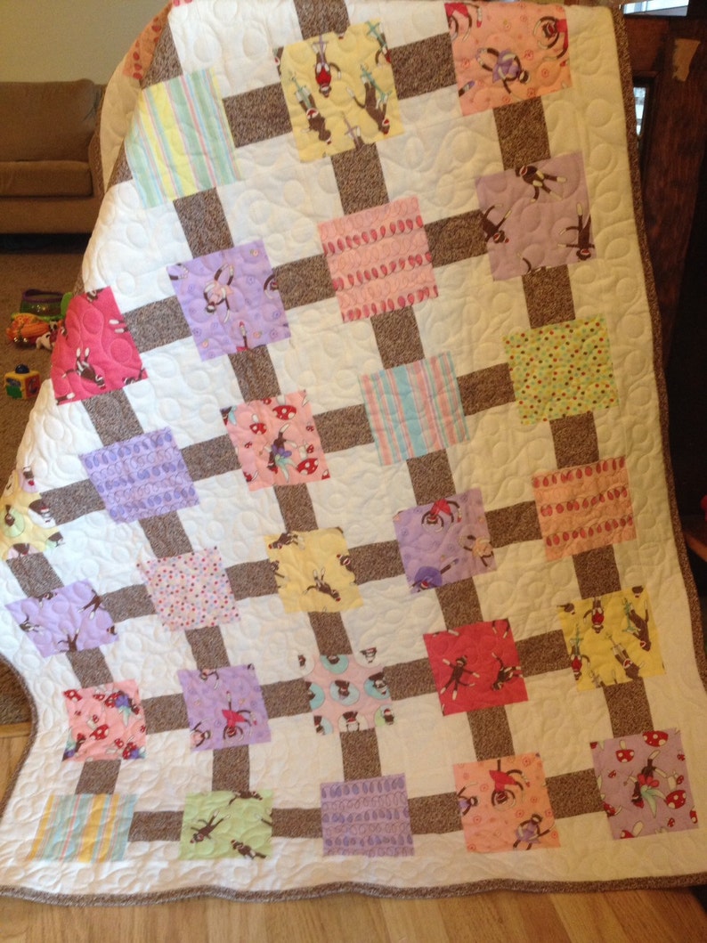 Sock Monkey Bright Pastel Girl Baby Quilt Etsy