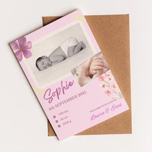 Annuncio di nascita neonata femmina. Biglietto digitale o da stampare. Modificabile con tela.