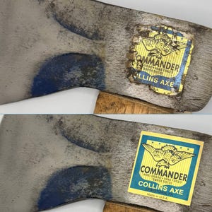 May include: A metal axe head with a weathered surface and blue paint remnants. A yellow and blue rectangular label features an eagle graphic and the text COMMANDER, HAND GROUND, HAND FORGED, TEMPER TESTED, COLLINS AXE, LEWISTOWN, PA, Made in U.S.A.