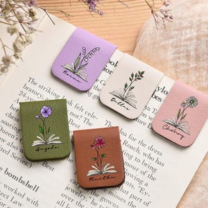 Personalized Leather Magnetic Bookmark,Leather Bookmark with Birth Flower,Custom Magnetic Bookmark,Book Lover Gifts For Her,Gift for teacher