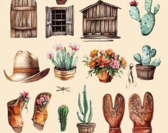 30 imágenes prediseñadas occidentales de acuarela: calcomanía digital de rancho vaquero de Texas, formato PNG, descarga instantánea para uso comercial