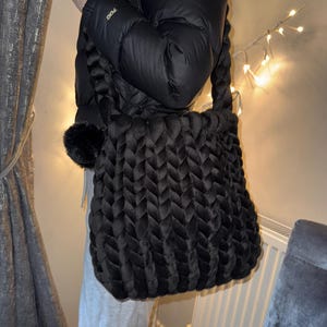 Handmade black chunky knit yarn velvety bag - large wool marshmallow shoulder bag - super soft and stylish - perfect for everyday use