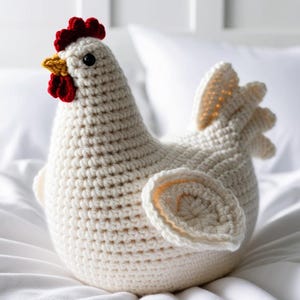 Può includere: Un giocattolo di pollo bianco all'uncinetto con accenti rossi e gialli. Il pollo è seduto su un copriletto bianco.