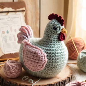 Peut inclure: Un jouet en crochet en forme de poulet avec un corps vert clair, des ailes roses et une crête rouge. Le poulet est assis sur une surface en bois avec des pelotes de laine à proximité.