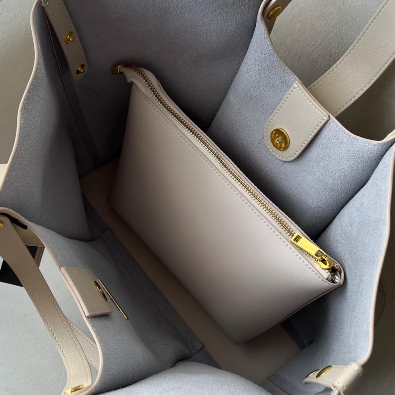 Elegant 2-in-1 beige leather tote bag with matching clutch, Handcrafted leather shoulder bag, Luxury leather shoulder bag for women image 6