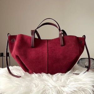 Echte Wildleder-Einkaufstasche mit Clutch, Elegante 2-in-1-Tages-Schultertasche, Alltags-Lederhandtasche für Frauen, Wildledertasche