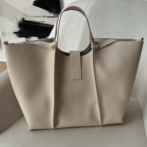 Elegant 2-in-1 beige leather tote bag with matching clutch, Handcrafted leather shoulder bag, Luxury leather shoulder bag for women image 8