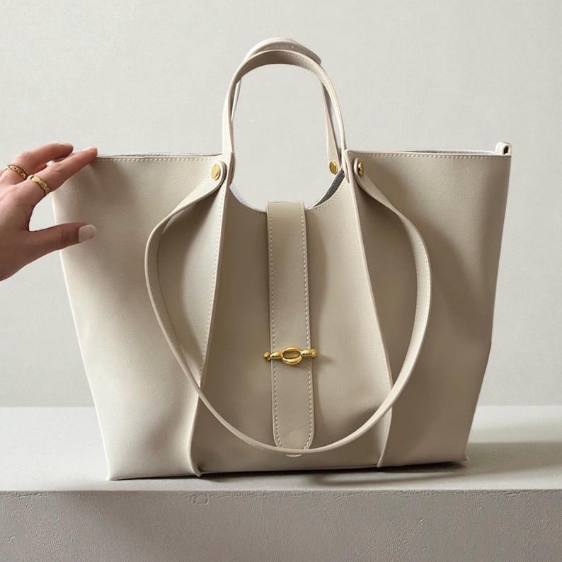 Elegant 2-in-1 beige leather tote bag with matching clutch, Handcrafted leather shoulder bag, Luxury leather shoulder bag for women image 1