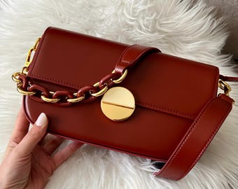 Genuine leather red bag, Shoulder baguette bag, Elegant evening shoulder bag, Genuine leather red bag, Gift for her