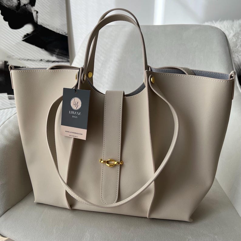 Elegant 2-in-1 beige leather tote bag with matching clutch, Handcrafted leather shoulder bag, Luxury leather shoulder bag for women image 9