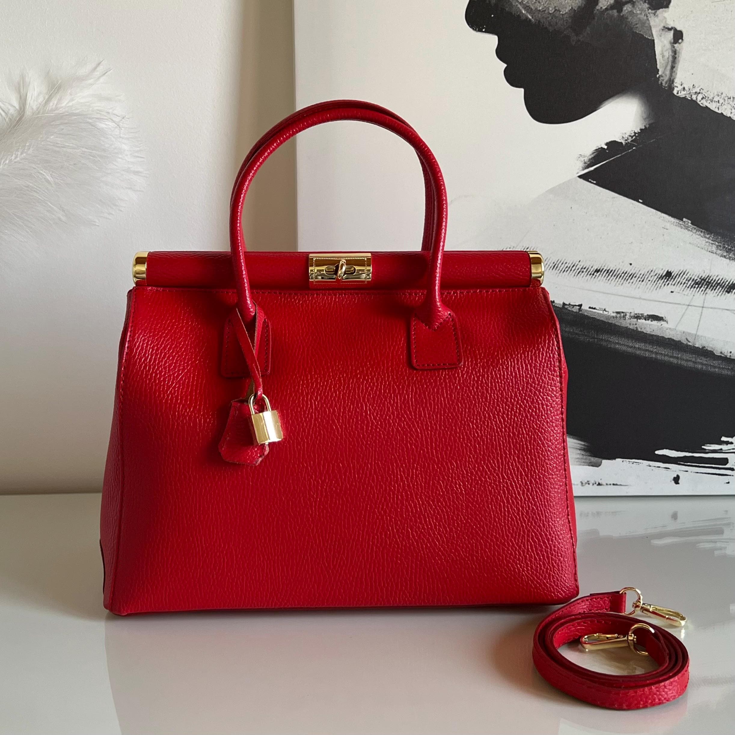 Handmade Leather Tote Bag in Italy,Elegant Classic Red Genuine Leather Bag,Italian Leather Bag for Women,Lock Bag,Gift for Her