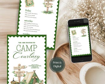 Despedida de soltera en campamento: Plantilla de invitación para despedida de soltera con temática de campamento (4x6, 5x7)