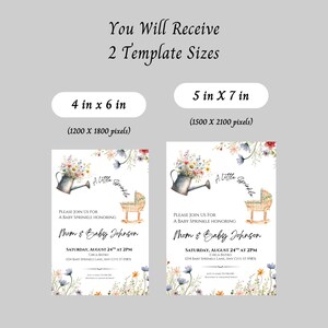 Peut inclure: Mod&egrave;le d'invitation &agrave; une baby shower, disponible en deux tailles : 10 x 15 cm et 13 x 18 cm. Le design pr&eacute;sente un arrosoir fleuri, un berceau et des d&eacute;corations florales. Le texte indique "Mom & Baby Johnson".
