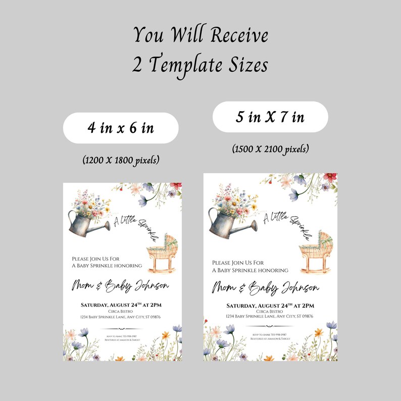 Peut inclure: Mod&egrave;le d'invitation &agrave; une baby shower, disponible en deux tailles : 10 x 15 cm et 13 x 18 cm. Le design pr&eacute;sente un arrosoir fleuri, un berceau et des d&eacute;corations florales. Le texte indique "Mom & Baby Johnson".