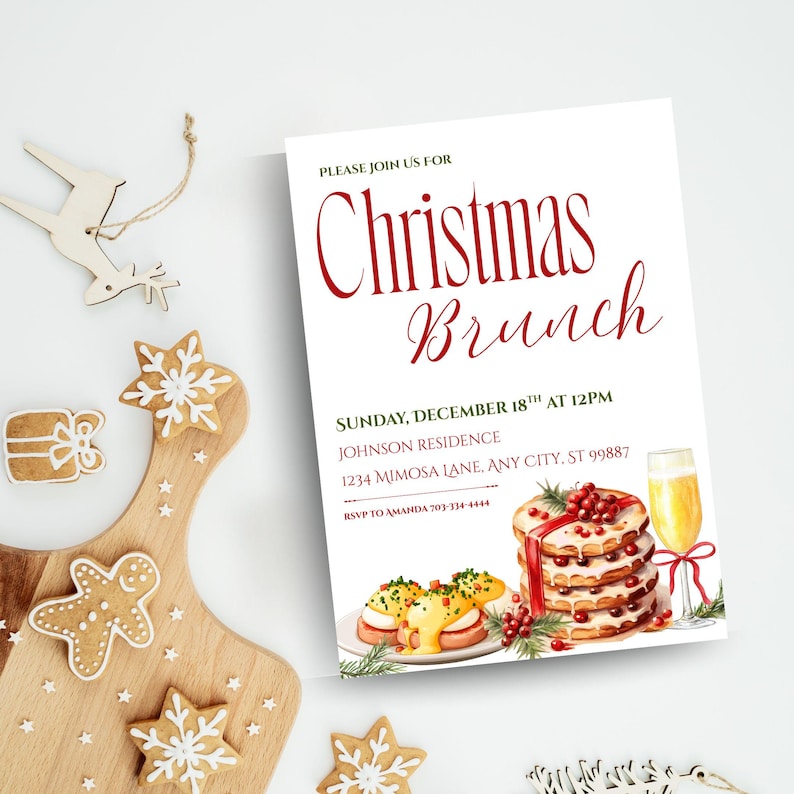 May include: A Christmas Brunch invitation with watercolor illustrations of food and a champagne flute. The invitation text is in red script and reads "Christmas Brunch" and includes the date, time, and location. Gingerbread cookies and wooden decorations are scattered around the invitation.