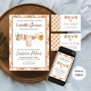 May include: Baby shower invitation with a watercolor illustration of baby clothes hanging on a clothesline. The invitation includes the text "A Little Spout Is On The Way! Locally Grown With Love Everyday!" and the name "Jessica Peters".