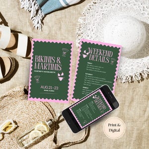 Bikinis and Martinis Bachelorette Party: Girls Trip Itinerary (Digital Invitation Template) 4x6, 5x7