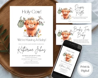 Invitation baby shower vache Highland : thème modifiable de la ferme (modèle d'invitation numérique) 4 x 6, 5 x 7