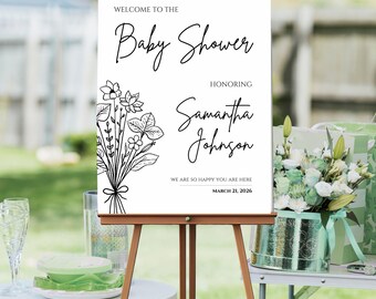 Letrero de bienvenida para baby shower: Ramo de flores silvestres secas editable (plantilla imprimible) 18x24, 24x36