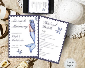 Invitación de despedida de soltera de sirena: Sirenas y matrimonio (Plantilla de invitación) 4x6, 5x7
