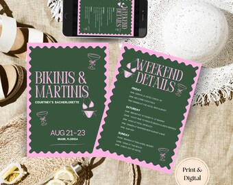 Bikinis and Martinis Bachelorette Party: Girls Trip Itinerary (Digital Invitation Template) 4x6, 5x7