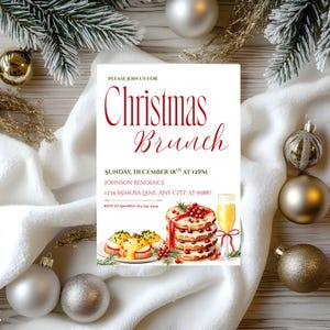 May include: A Christmas Brunch invitation with elegant red script on a white background. The invitation includes details for the event, along with watercolor illustrations of food and drinks. The invitation is surrounded by Christmas ornaments and greenery.