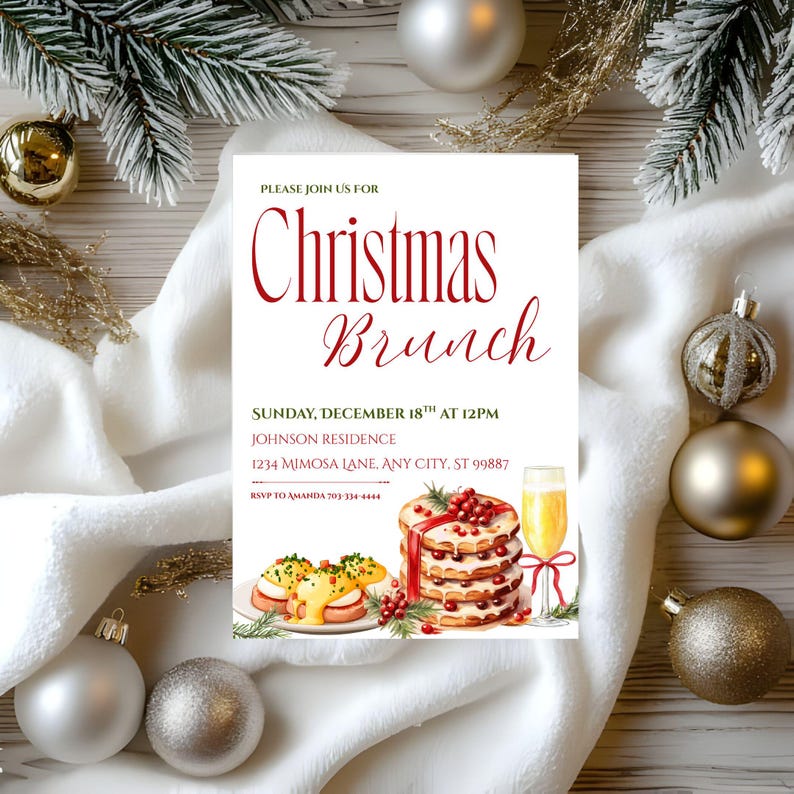 May include: A Christmas Brunch invitation with elegant red script on a white background. The invitation includes details for the event, along with watercolor illustrations of food and drinks. The invitation is surrounded by Christmas ornaments and greenery.