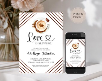 Invitación para despedida de soltera "Love Is Brewing": Invitación para despedida de soltera con café (Plantilla) 4x6, 5x7