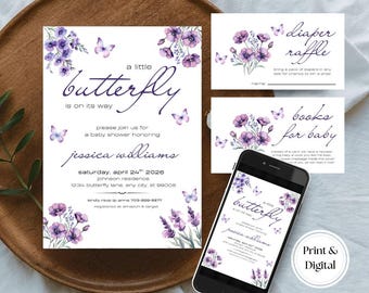 Invitación para baby shower con temática de mariposas moradas (plantilla de invitación) 4x6, 5x7
