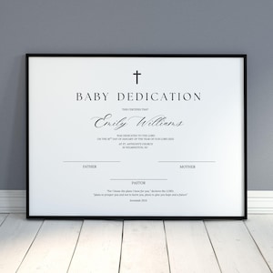 Certificado de Dedicación de Bebé: Recuerdo de Bautismo Religioso Editable (Plantilla Imprimible) 11x8.5