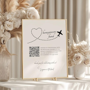 Placa para Fundo de Lua de Mel com Código QR: Placas de Casamento Editáveis (Modelo para Impressão) 5x7, 8x10