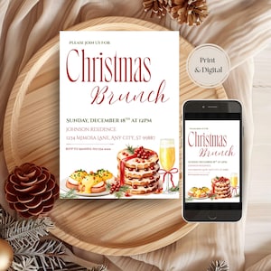 May include: A Christmas Brunch invitation with the text "Christmas Brunch" in a decorative font. The invitation includes details for the event, along with watercolor illustrations of food and a champagne glass. A smartphone displays the invitation.