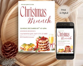 May include: A Christmas Brunch invitation with the text "Christmas Brunch" in a decorative font. The invitation includes details for the event, along with watercolor illustrations of food and a champagne glass. A smartphone displays the invitation.