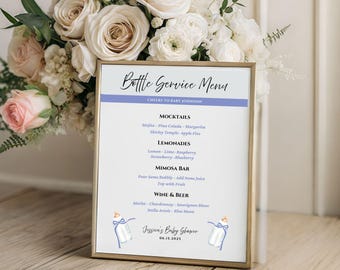 Menu boissons pour baby shower : cocktails signature et mocktails modifiables (modèle imprimable) 5 x 7, 8 x 10
