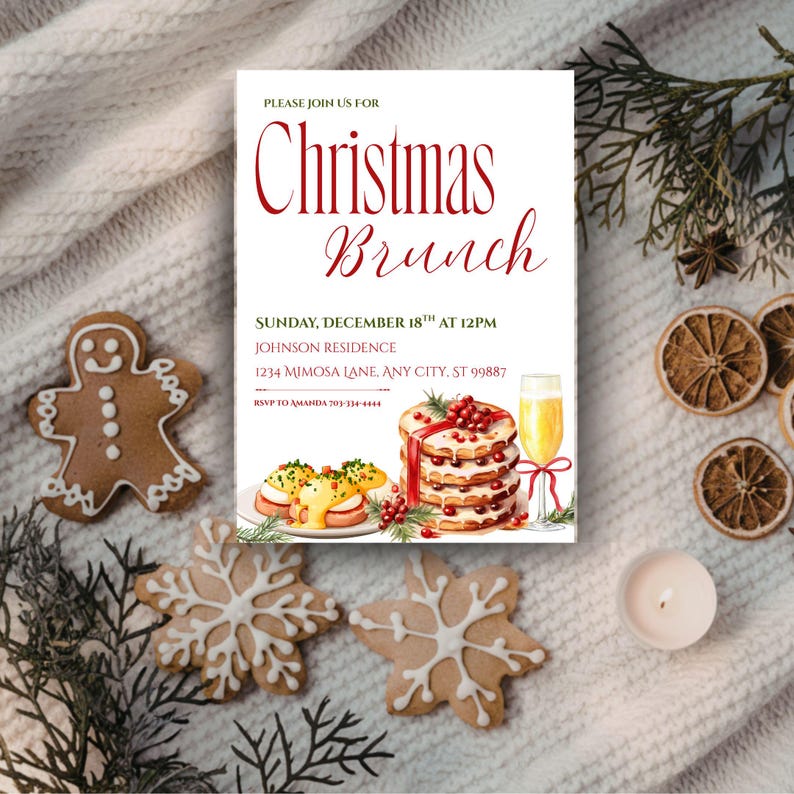 May include: A Christmas Brunch invitation with text in red script. The invitation includes illustrations of food and drink, such as eggs benedict, a stack of pancakes, and a mimosa. Gingerbread and snowflake cookies are arranged around the invitation.