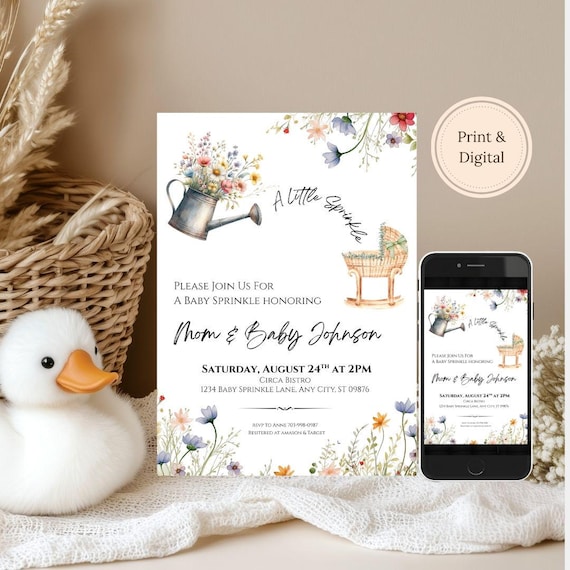 Baby Sprinkle Invite: Editable Garden Party Baby Shower (Digital Invitation Template) 4x6, 5x7