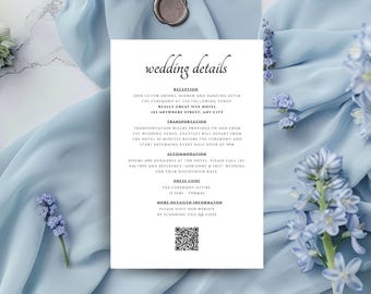 Tarjeta elegante de detalles de boda: Diseño de código QR editable (plantilla imprimible) 3x5, 4x6