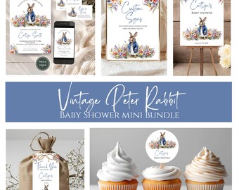 Paquete de baby shower de Peter Rabbit vintage: Plantilla de invitación digital y plantillas imprimibles