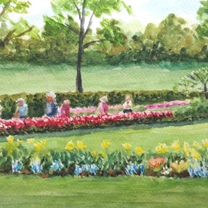 Flower garden, original watercolor painting, spring flowers, 7&quot; x 11&quot;