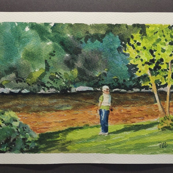 Young Fisherman by a stream 6" x 9" original watercolor painting, gift for a young boy, wall art fishing.