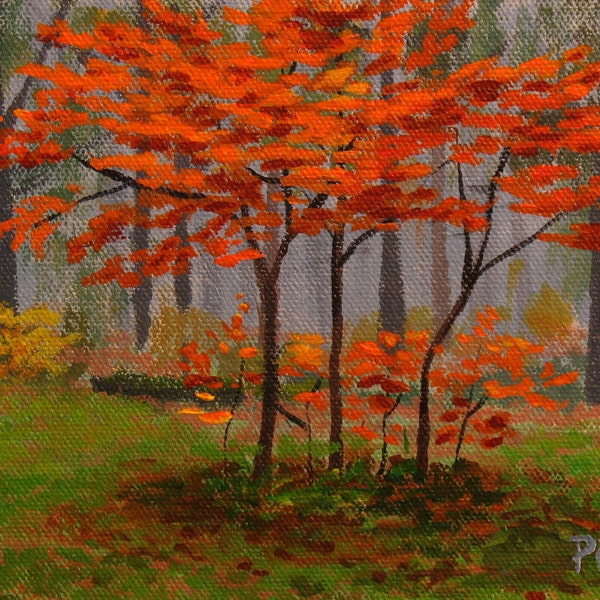 Acrylic painting autumn landscape young trees