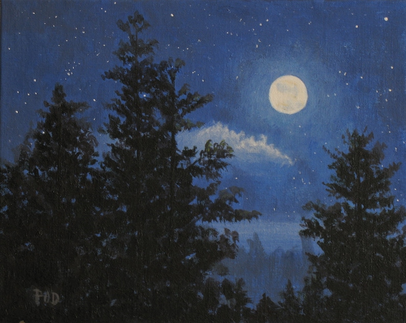 Moon Painting Night Sky Stars Trees Nocturne 8 X 10