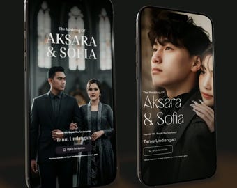 Op de afbeelding: Twee smartphones tonen huwelijksuitnodigingen. De tekst "The Wedding Of AKSARA & SOFIA" wordt weergegeven in een elegant lettertype. Eén telefoon toont een stel, de andere een portret. Beide hebben een knop "Open Invitation".