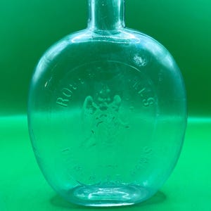 Antique Robert Walls Dumfries Arms Glass Flask, 1800s Aqua Embossed Scottish Pub Bottle, Rare Vintage Whiskey Flask