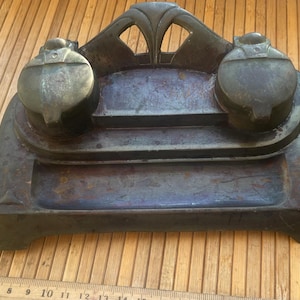 Antique German Art Nouveau Inkwell – Early 20th Century Metal Desk Accessory