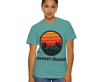 Sunset Chaser T-shirt, Garment Dyed Ombre Graphic Top, 100% US Cotton Tee